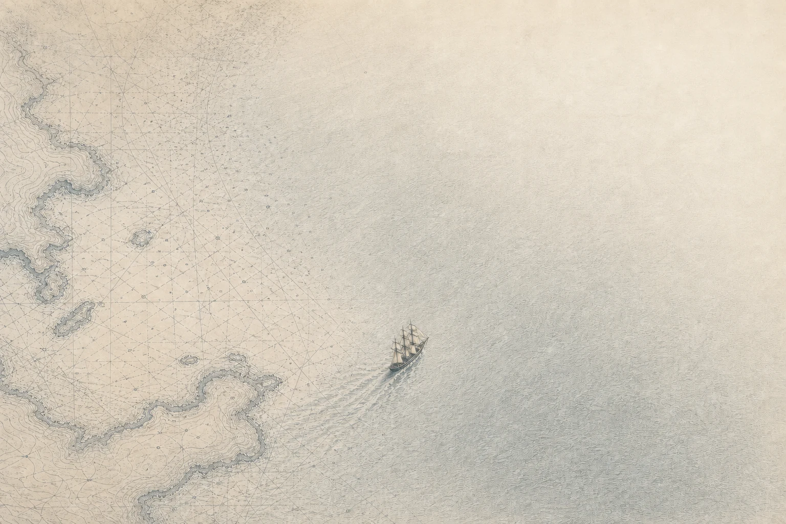 An engraved expedition ship sailing from mapped waters into the unknown